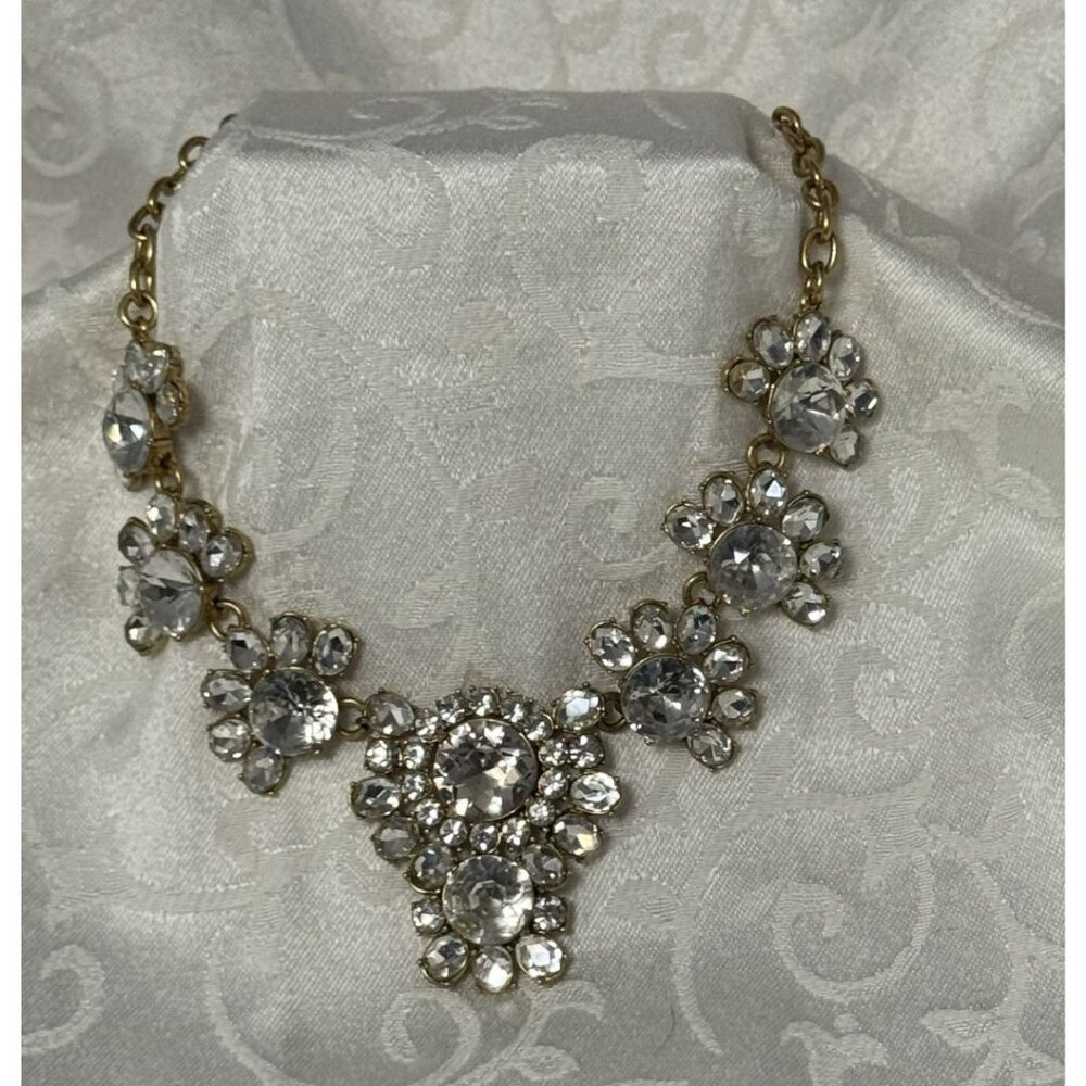 J. Crew Gold-Tone Crystal Flower Statement Necklace  21.5in. Rhinestones EUC